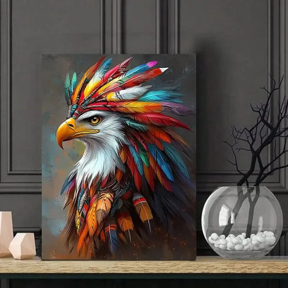 Eagle With Colorful Native American Feathers  40x60cm Metal Print Ready to Hang