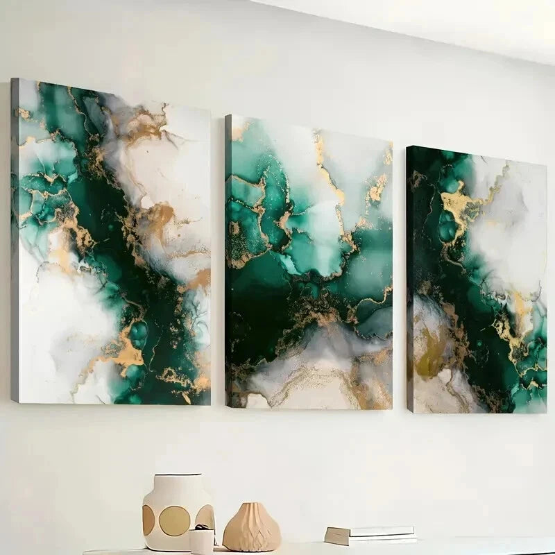 3pcs Modern Emerald Green & Gold Abstract Wall Art Set Canvas Framed 60x90cm - High Quality Print 100% Australian Made Wall Canvas Ready to Hang - Bella Home Decor