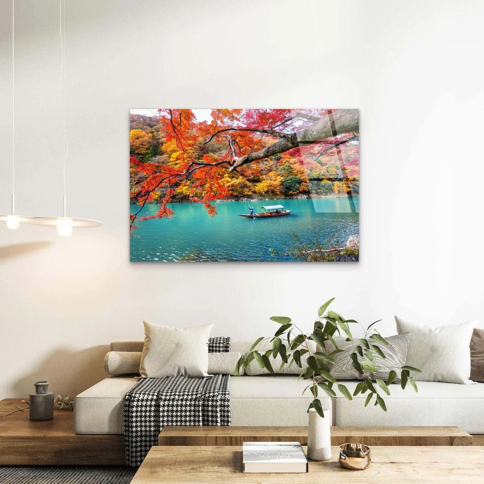 Kyoto Autumn River Boat Japan Acrylic Glass Printing Wall Art Australian Made Quality
