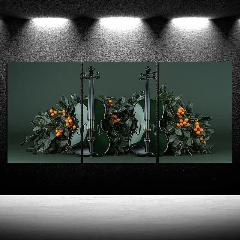 3pcs Chic Cello Trio Music Instruments Green Metal Print Ready to Hang Art - Bella Home Decor