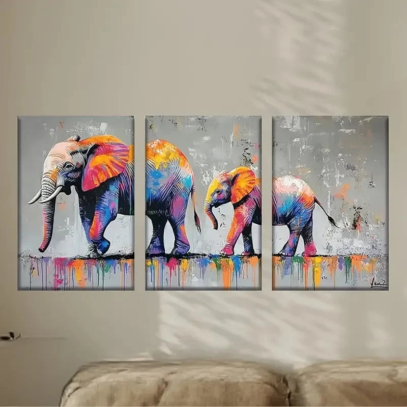 3pcs Two elephants painted on a canvas Wall Art Set Canvas Framed 50x70cm - High Quality Print 100% Australian Made Wall Canvas Ready to Hang - Bella Home Decor