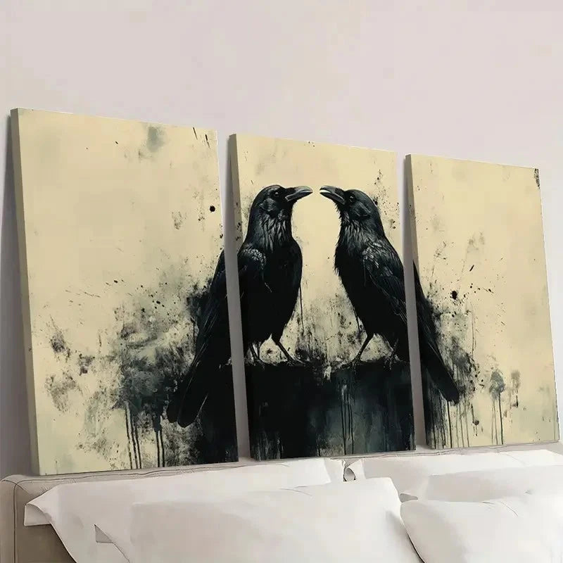 3pcs Black Crows Beige and Black Themed Wall Art Set Canvas Framed 40x60cm - High Quality Print 100% Australian Made Wall Canvas Ready to Hang - Bella Home Decor