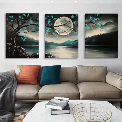 3pcs Tranquil Moonlit Forest Lake And Tree Wall Art Set Canvas Unframed - High Quality Print 100% Australian Made Wall Canvas