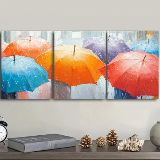 3pcs A Painting of Umbrellas in the Rain Wall Art Set Canvas Framed 40x60cm - High Quality Print 100% Australian Made Wall Canvas Ready to Hang