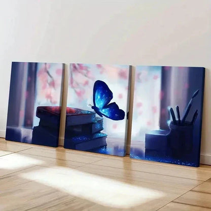 3pcs Sparkling Butterfly Resting On Books  Wall Art Set Canvas Unframed - High Quality Print 100% Australian Made Wall Canvas