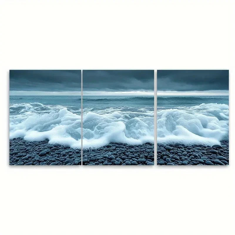 3pcs Sea Foam Waves Crashing on Rocky TI   Wall Art Set Canvas Framed 40x60cm - High Quality Print 100% Australian Made Wall Canvas Ready to Hang