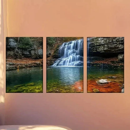 3pcs Waterfall in the Woods with a Red Rock Wall Art Canvas Unframed – High Quality Print 100% Australian Made Wall Canvas