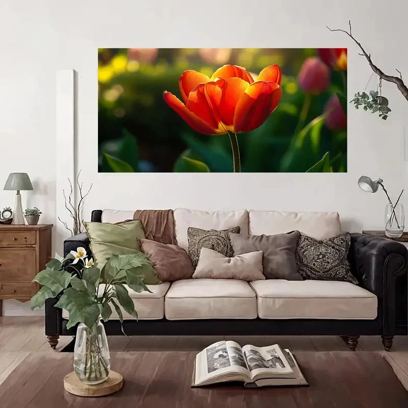 Red Orange Tulip Green Foliage Wall Art Canvas Office Home Room Framed 120x60cm
