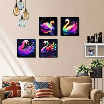 4pcs Elegant Swans With Vibrant Neon Colors Wall Art Canvas Framed