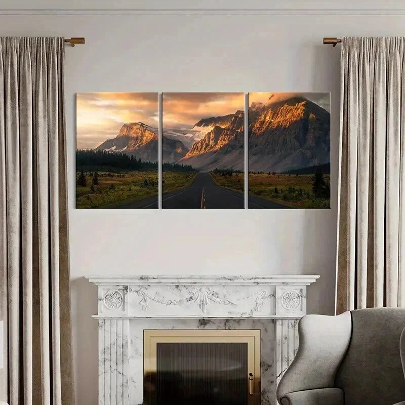 3pcs Scenery Mountains Sunset Road & Trees Wall Art Set Canvas Framed 40x60cm - High Quality Print 100% Australian Made Wall Canvas Ready to Hang - Bella Home Decor