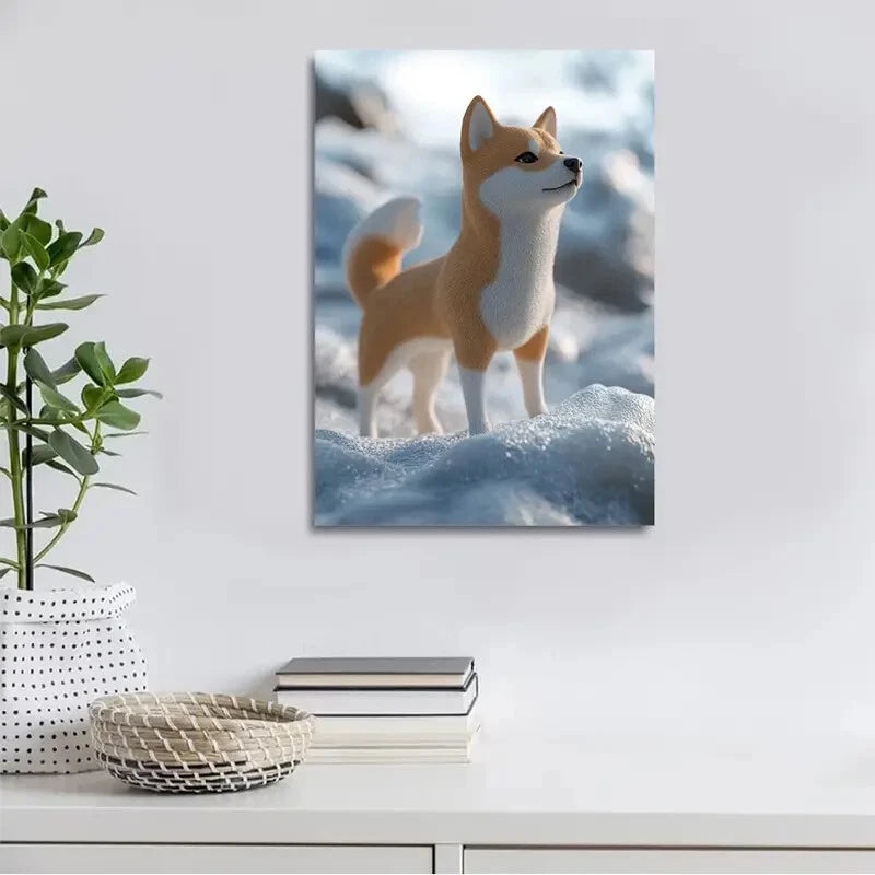 Beautiful Shiba Inu On the snow Painting 40x60cm Metal Print Ready to Hang - Bella Home Decor