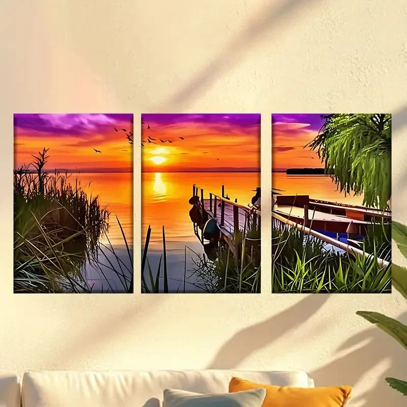 3pcs Serene Lake Sunset Scene with Boat Wall Art Set Canvas Framed 40x60cm - High Quality Print 100% Australian Made Wall Canvas Ready to Hang