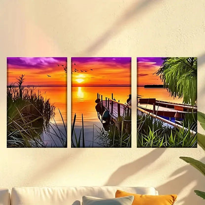 3pcs Serene Lake Sunset Scene with Boat Wall Art Set Canvas Framed 40x60cm - High Quality Print 100% Australian Made Wall Canvas Ready to Hang