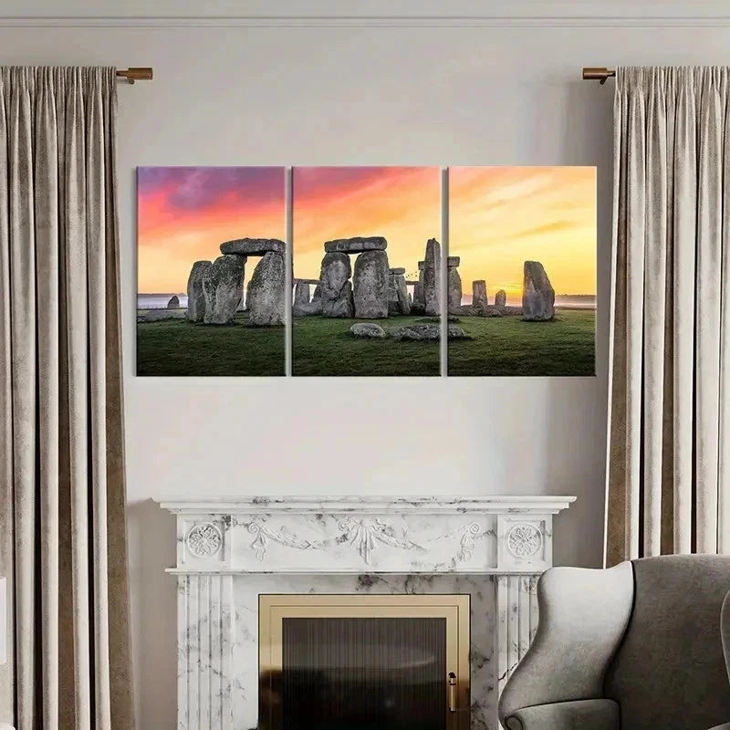 3pcs Stonehenge Sunset Natural Landscape Wall Art Set Canvas Framed 50x70cm - High Quality Print 100% Australian Made Wall Canvas Ready to Hang