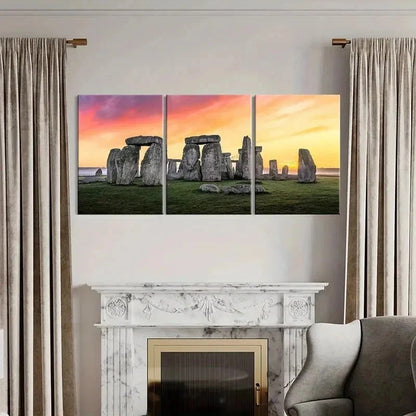 3pcs Stonehenge Sunset Natural Landscape Wall Art Set Canvas Framed 50x70cm - High Quality Print 100% Australian Made Wall Canvas Ready to Hang