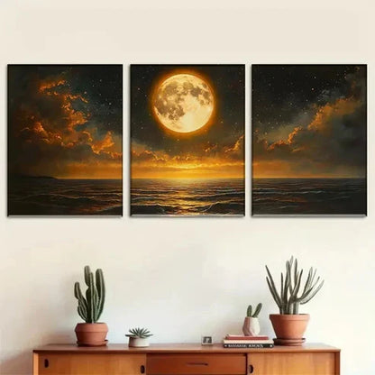 3pcs Stunning Moonlight Ocean Night Wall Art Canvas Unframed - High Quality Print 100% Australian Made Wall Canvas