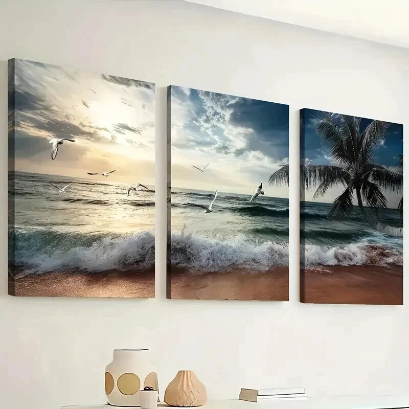 3pcs Beach Sunset Ocean Themed Wall Art Set Canvas Framed 60x90cm - High Quality Print 100% Australian Made Wall Canvas Ready to Hang - Bella Home Decor