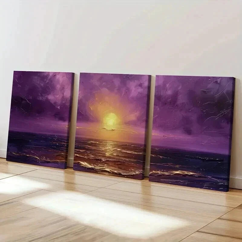 3pcs Sunset Over The Sea Purple Sky Golden Sun Wall Art Set Canvas Framed 40x60cm - High Quality Print 100% Australian Made Wall Canvas Ready to Hang - Bella Home Decor