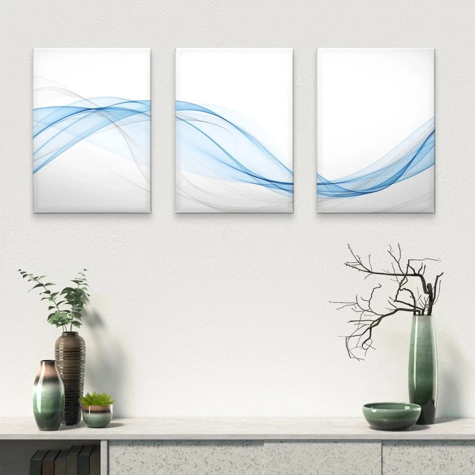 3pcs Minimalist Blue Abstract Wave Modern Wall Art Set Canvas Framed 40x60cm - High Quality Print 100% Australian Made Wall Canvas Ready to Hang