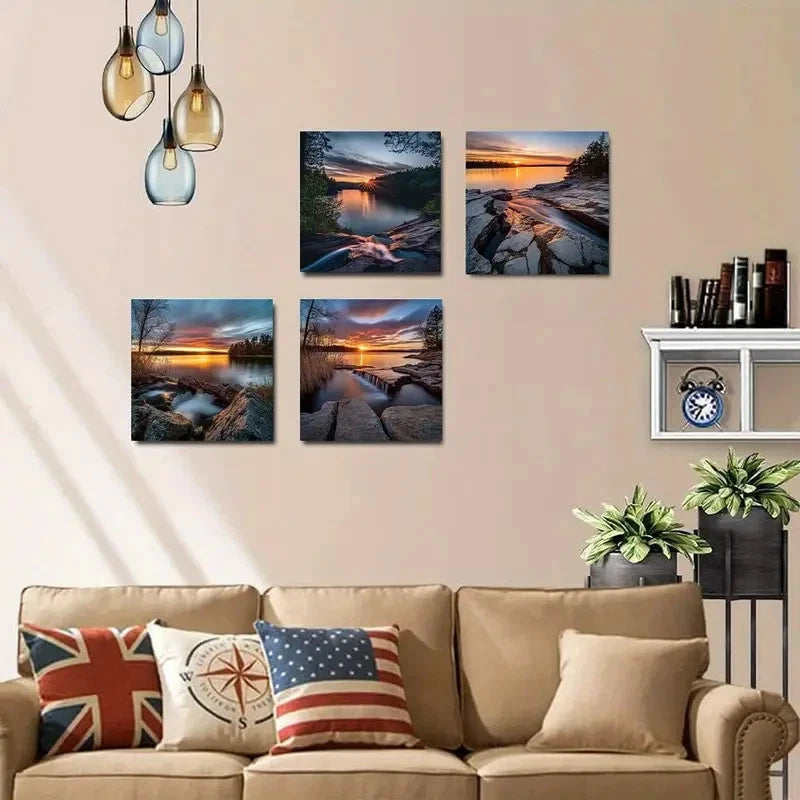 4pcs Sunset Lake Nature Landscape Wall Art Canvas Framed