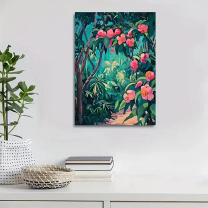 Vibrant Jungle Scene with Pink Flowers Painting 40x60cm Metal Print Ready to Hang - Bella Home Decor