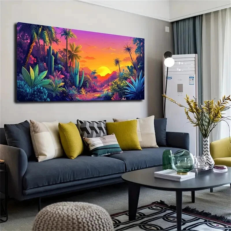Vibrant Tropical Landscape Wall Art Canvas Office Home Room Framed 120x60cm - Bella Home Decor