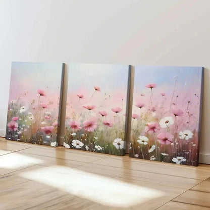 3pcs White Daisies & Pink Flower Field Wall Art Set Canvas Framed 40x60cm - High Quality Print 100% Australian Made Wall Canvas Ready to Hang
