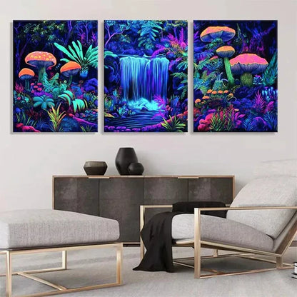 3pcs Neon Forest Waterfall Vibrant Wall Art Canvas Unframed - High Quality Print 100% Australian Made Wall Canvas