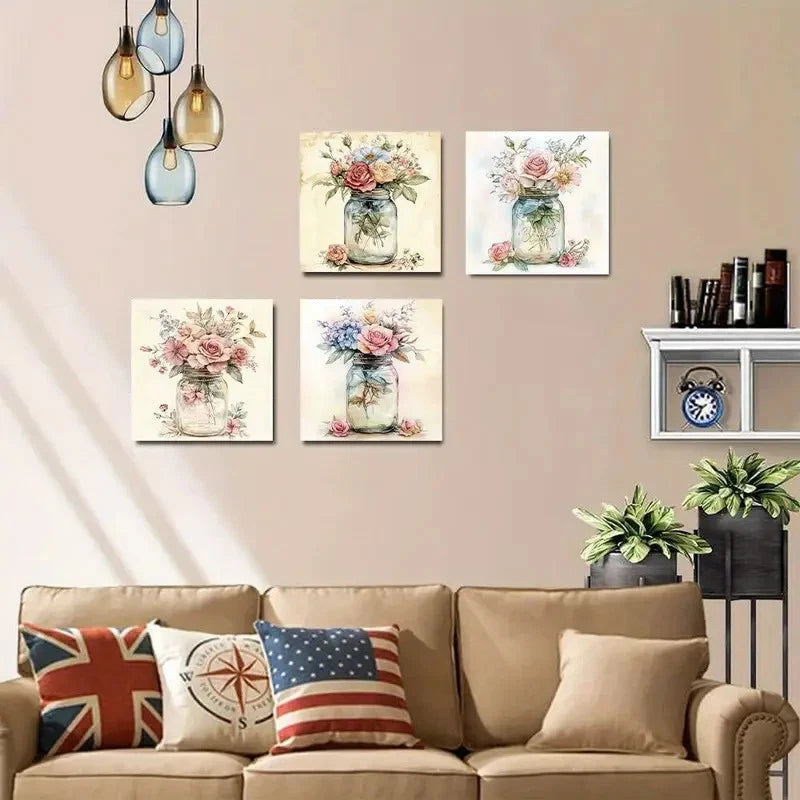 4pcsRustic Floral Bouquet In Vase Wall Art Canvas Framed
