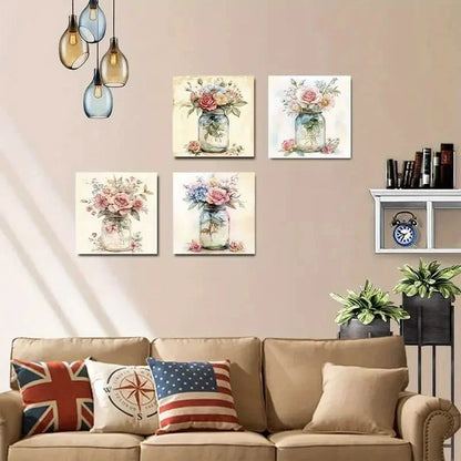 4pcsRustic Floral Bouquet In Vase Wall Art Canvas Framed