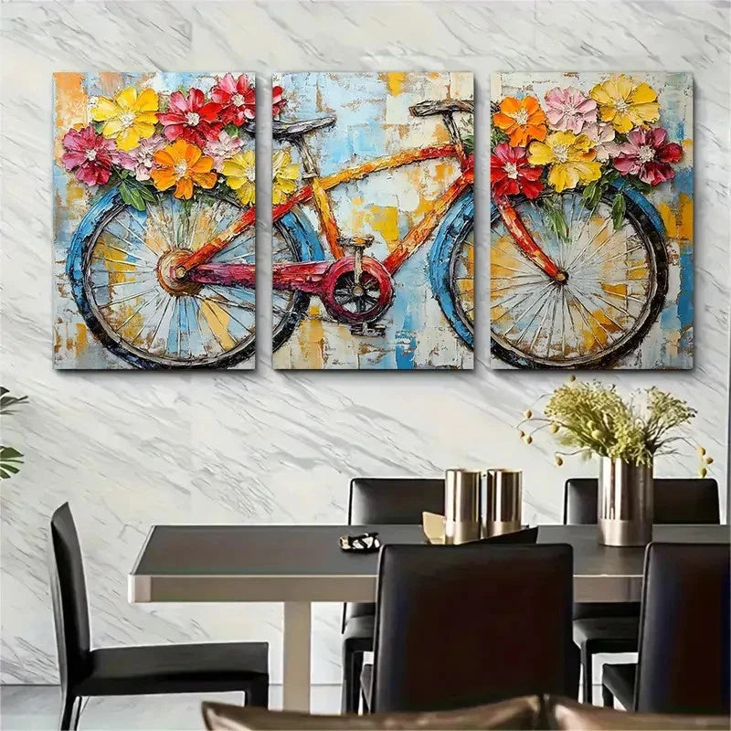 3pcs Bicycle Floral Colorful Bike Lover Perfect  Wall Art Set Canvas Framed 60x90cm - High Quality Print 100% Australian Made Wall Canvas Ready to Hang - Bella Home Decor