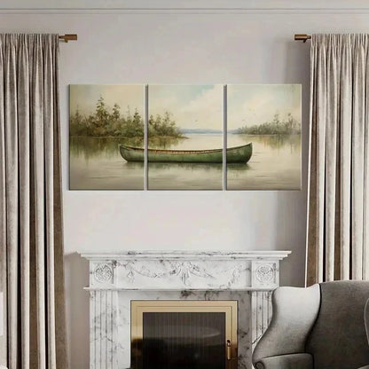 3pcs Solitary Canoe Serene Lake & Forest Wall Art Set Canvas Framed 50x70cm - High Quality Print 100% Australian Made Wall Canvas Ready to Hang