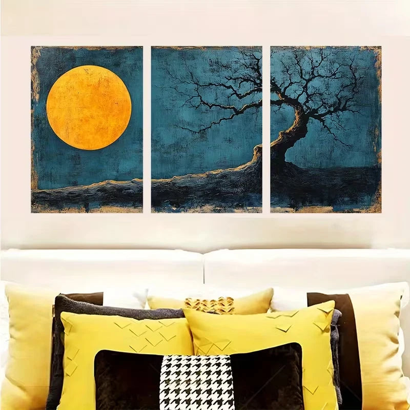 3pcs Modern Tree Contemporary Blue Log   Wall Art Set Canvas Framed 50x70cm - High Quality Print 100% Australian Made Wall Canvas Ready to Hang