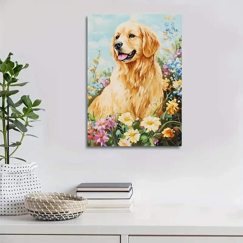 Beautiful Golden Retriever Dog Vibrant Floral Painting 40x60cm Metal Print Ready to Hang - Bella Home Decor