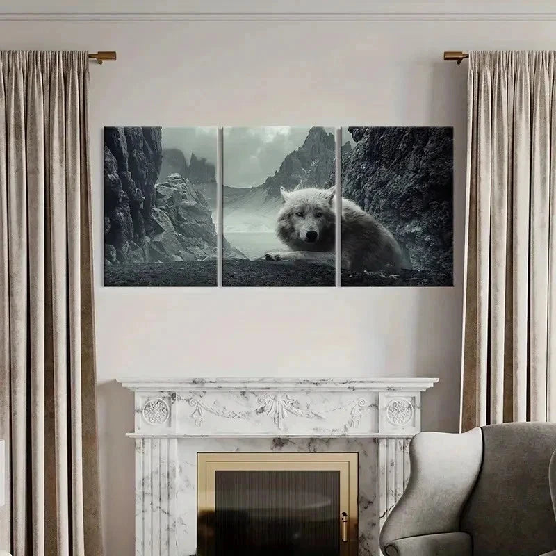 3pcs White Wolf & Mountain Landscape Wall Art Set Canvas Framed 50x70cm - High Quality Print 100% Australian Made Wall Canvas Ready to Hang