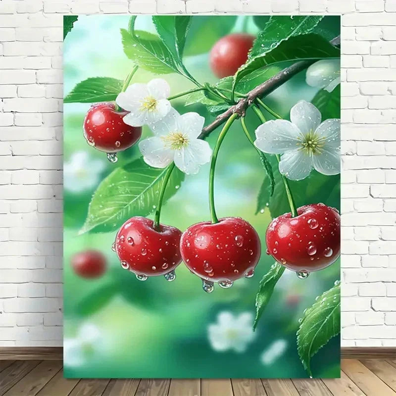 Beautiful Vibrant Red Cherries White Blossom Painting 40x60cm Metal Print Ready to Hang - Bella Home Decor