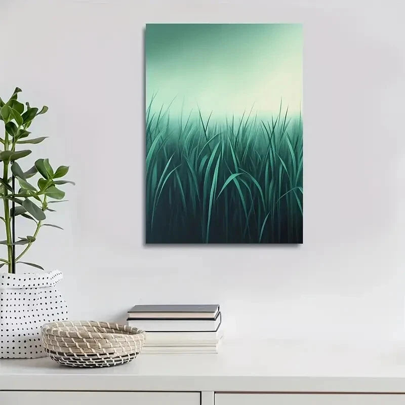 Beautiful Emerald Mint Grassland Landscape Painting 40x60cm Metal Print Ready to Hang