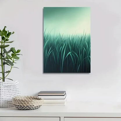 Beautiful Emerald Mint Grassland Landscape Painting 40x60cm Metal Print Ready to Hang