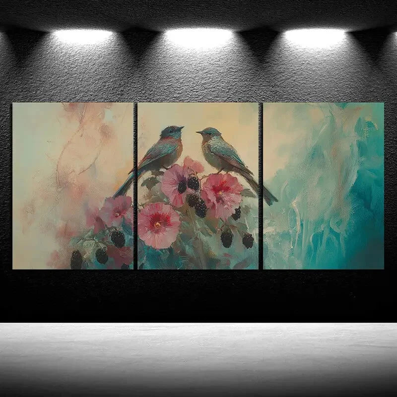 3pcs Birds Themed on Blackberry Flowers Metal Print Ready to Hang Art - Bella Home Decor