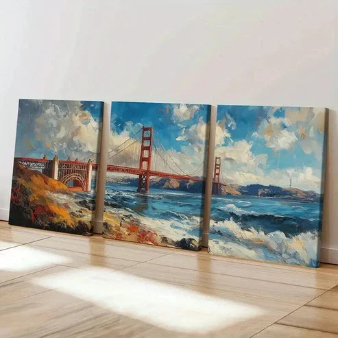 3pcs Golden Gate Bridge Dramatic Sky Ocean Waves Wall Art Canvas Unframed - High Quality Print 100% Australian Made Wall Canvas - Bella Home Decor