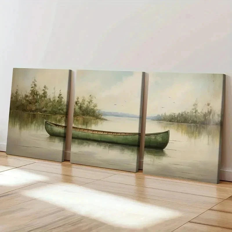 3pcs Solitary Canoe Serene Lake & Forest Wall Art Set Canvas Framed 50x70cm - High Quality Print 100% Australian Made Wall Canvas Ready to Hang