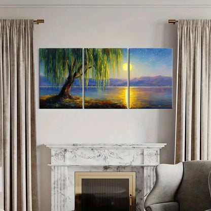 3pcs Moonlit Willow Tree Serene Lake Reflection Wall Art Set Canvas Framed 60x90cm - High Quality Print 100% Australian Made Wall Canvas Ready to Hang - Bella Home Decor