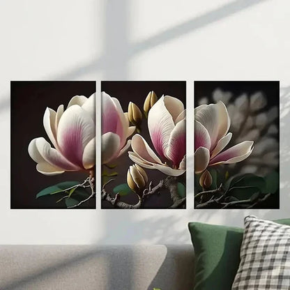 3pcs Magnolia Flowers with Pink Accents  Wall Art Set Canvas Unframed - High Quality Print 100% Australian Made Wall Canvas