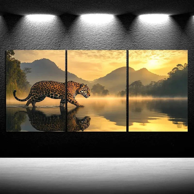 3pcs Leopard On River Mountain Sunset Metal Print Ready to Hang Art - Bella Home Decor