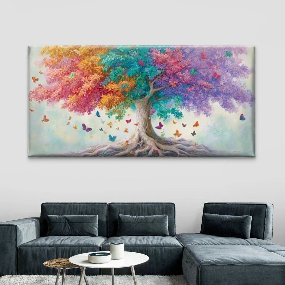 Vibrant Tree with Butterflies Wall Art Canvas Office Home Room Framed 120x60cm