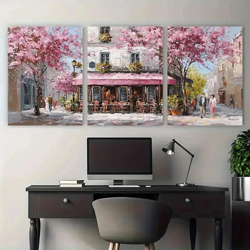 3pcs Cherry Blossom Street Cafe Perfect Wall Art Set Canvas Framed 50x70cm - High Quality Print 100% Australian Made Wall Canvas Ready to Hang - Bella Home Decor
