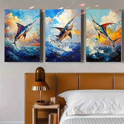 3pcs  Sailfish & Frigate Vibrant Blue & Golden    Wall Art Set Canvas Framed 50x70cm - High Quality Print 100% Australian Made Wall Canvas Ready to Hang - Bella Home Decor