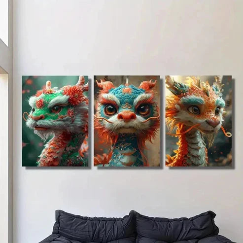 3pcs Cute Cartoon Happy New Year Dragon Wall Art Set Canvas Unframed - High Quality Print 100% Australian Made Wall Canvas - Bella Home Decor