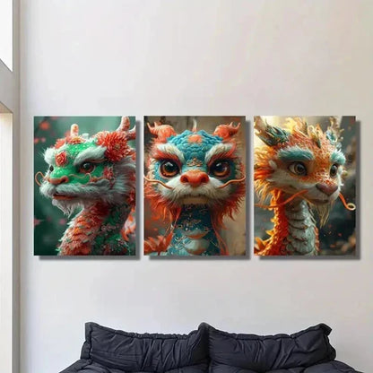3pcs Cute Cartoon Happy New Year Dragon Wall Art Set Canvas Unframed - High Quality Print 100% Australian Made Wall Canvas - Bella Home Decor