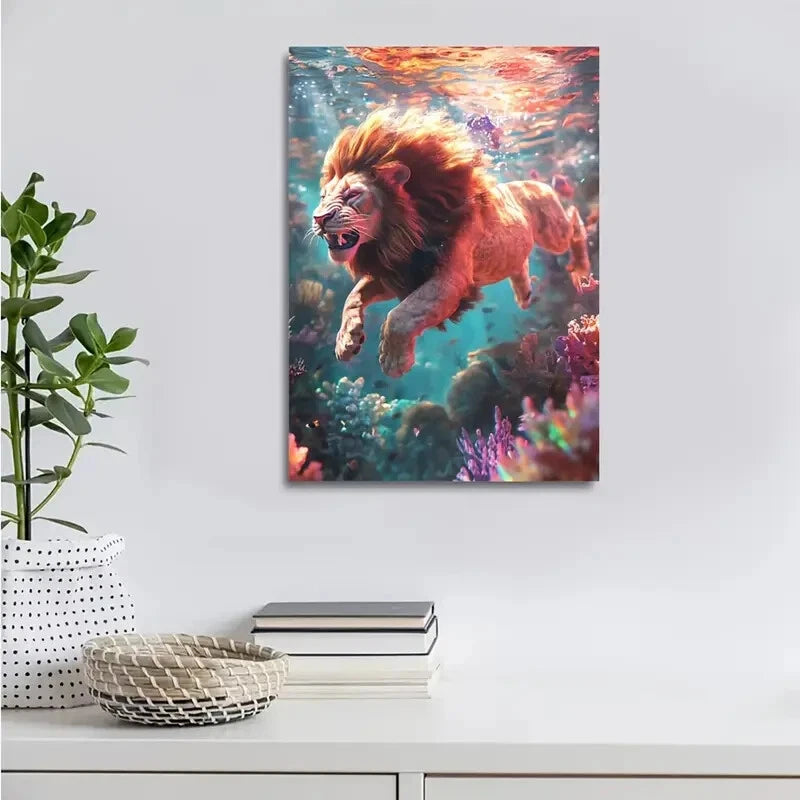 Vibrant Underwater Scene Joyful Lion in Coral Painting 40x60cm Metal Print Ready to Hang - Bella Home Decor